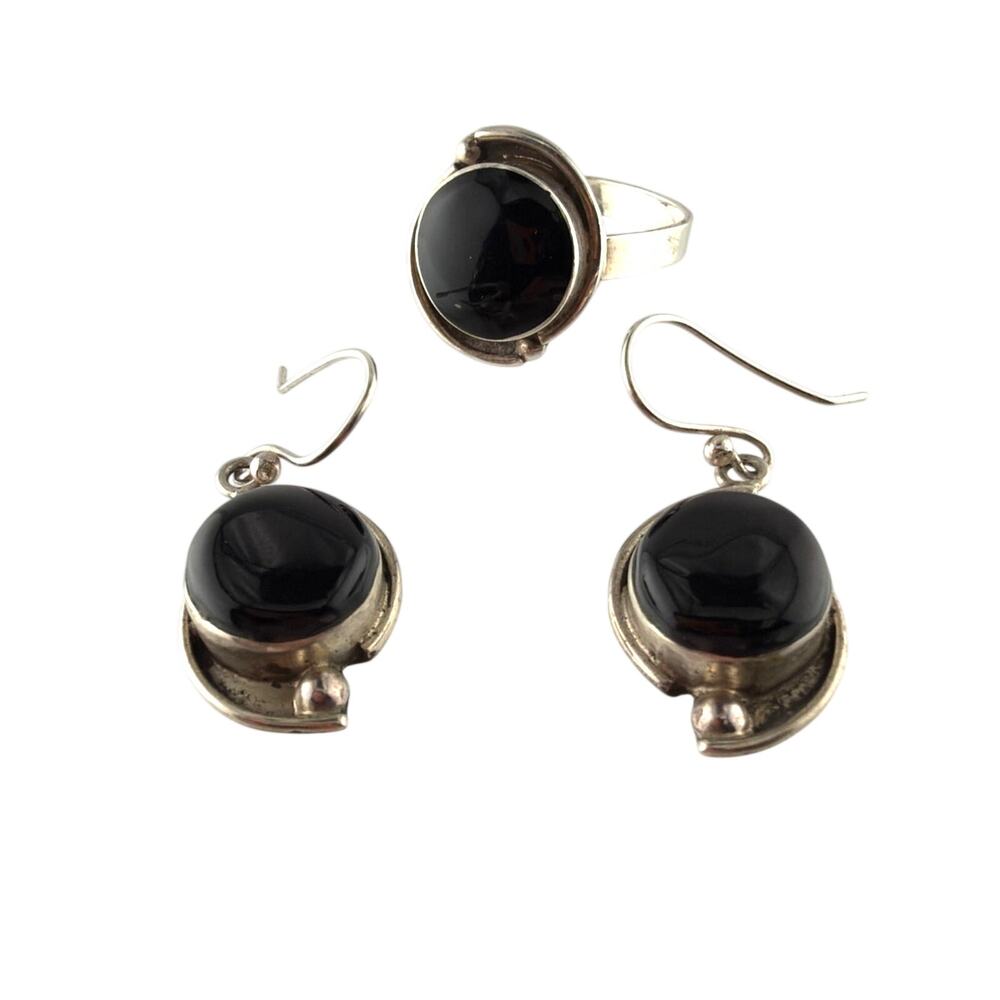 Vintage Sterling Silver Bezel Black Onyx Dangle Earrings and Adjustable Ring Set